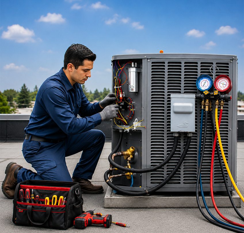 Technician repairing heating, ventilation, air conditioning, and electrical system